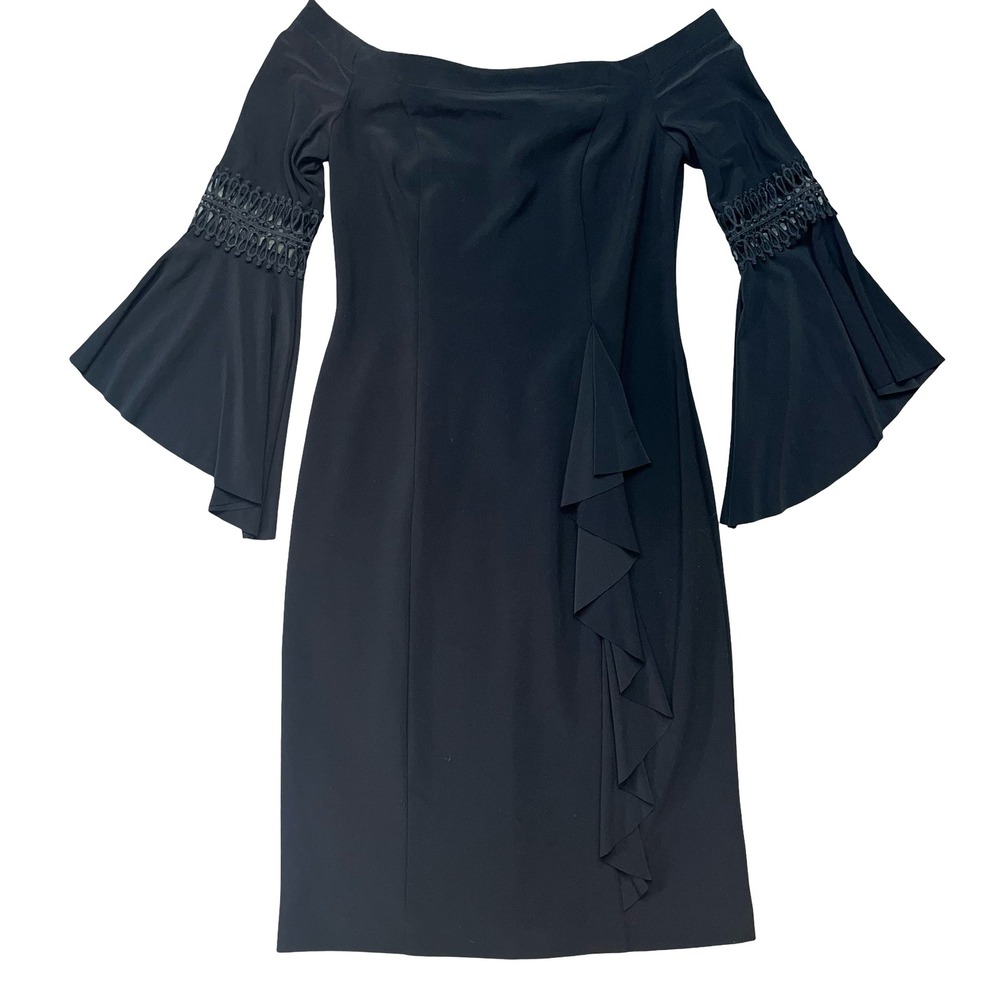 Joseph Ribkoff Womens Sheath Dress Black Ruffle Bell Sleeve Cocktail Formal 8